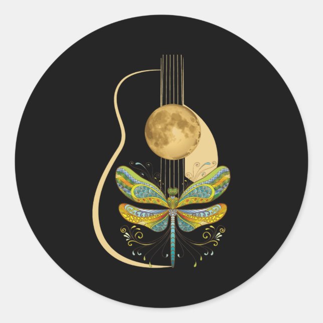 Sticker Rond Acoustic Guitar Artistic Dragonfly Music (Devant)