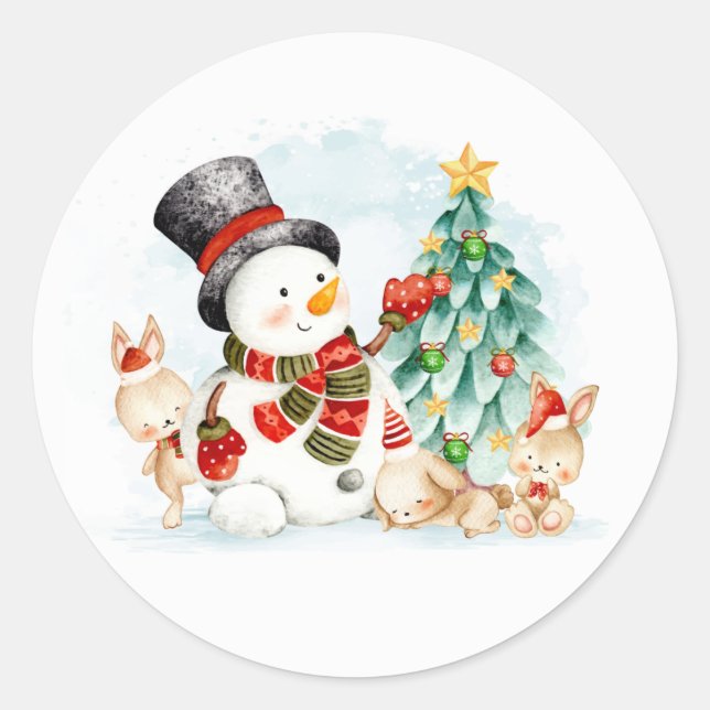 Sticker Rond Adables Bunnies Et Arbre De Snowman Noël (Devant)
