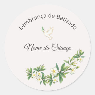 Sticker Rond Adesivo de Batizado Floral com Pomba Personalizado