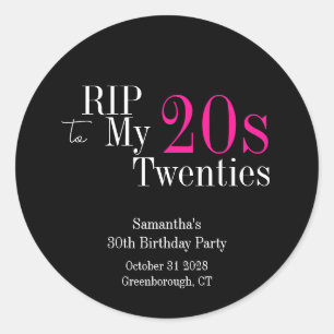 Sticker Rond Adieu 20 ans Fête d'anniversaire 30 ans Noir Rose