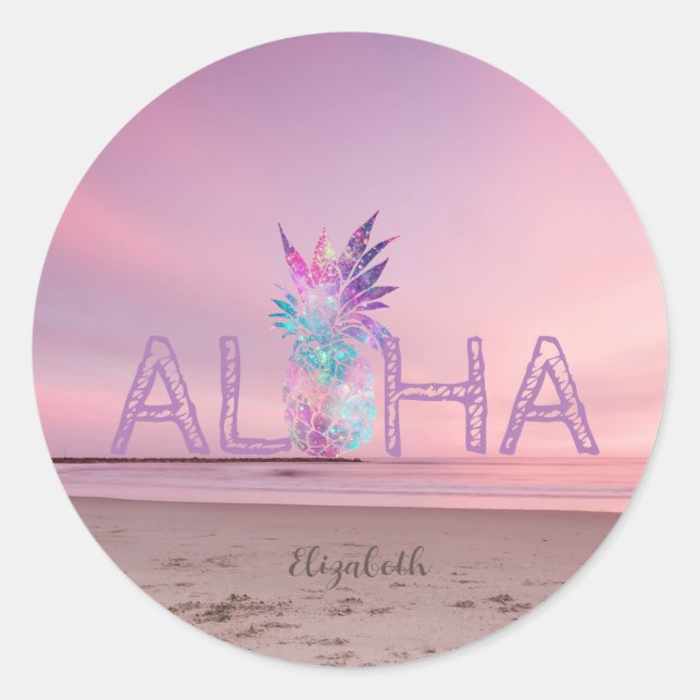 Sticker Rond Adorable Aloha Hawaiian Ananas, Coucher de soleil  (Devant)