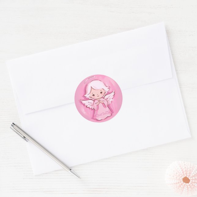 Sticker Rond Adorable Ange Rose Pour Fille (Enveloppe)