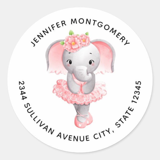 Sticker Rond Adorable Ballerina Elephant En Pointe Adresse (Devant)