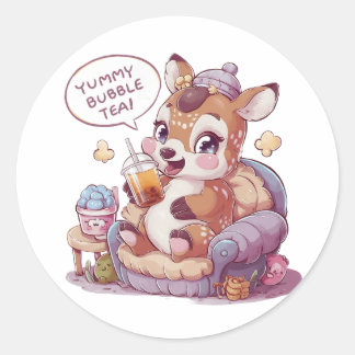 Sticker Rond Adorable Cerf de dessin : Cosy, Kawaii Vibes
