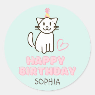 Sticker Rond Adorable Chat dans un Casquette d'anniversaire