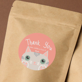 Sticker Rond Adorable Chat Gris Merci | Petite Entreprise
