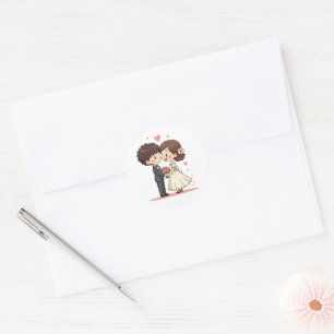 Sticker Rond Adorable Chibi Couple - Scène de mariage vintage