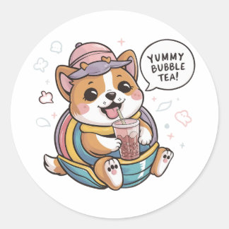 Sticker Rond Adorable chien de dessin : Cosy, Kawaii Vibes