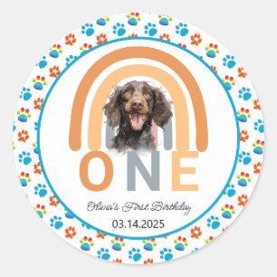 Sticker Rond Adorable Chien Rainbow Watercolor 1er anniversaire