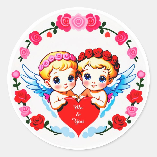 Sticker Rond Adorable Cupid Angels Holding Heart (Devant)