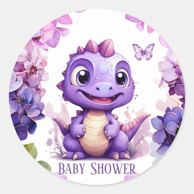 Sticker Rond Adorable Dinosaure Violet Baby shower Floral Fille (Devant)