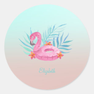 Sticker Rond Adorable Flamant rose rose  Feuilles
