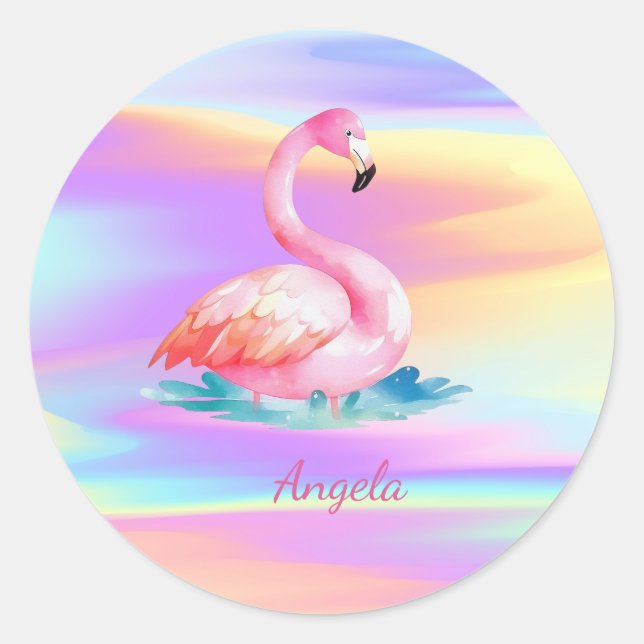 Sticker Rond Adorable Flamants roses roses mignons Holographiqu (Devant)