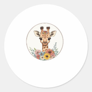 Sticker Rond Adorable Giraffe Aux Fleurs