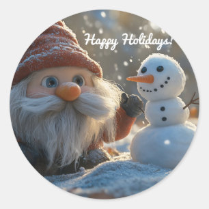 Sticker Rond Adorable Gnome et Snowman dans une Wonderland d'hi