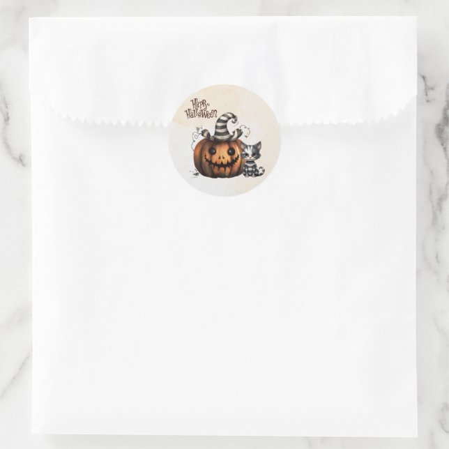Sticker Rond Adorable Halloween Éffrayant Kitten (Sac)