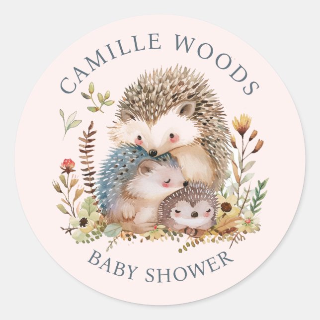 Sticker Rond Adorable Hérisson Famille Baby shower rose (Devant)