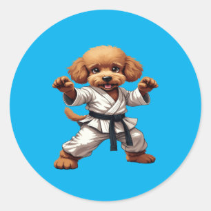 Sticker Rond Adorable Karate Puppy Martial Arts Gi Illustration