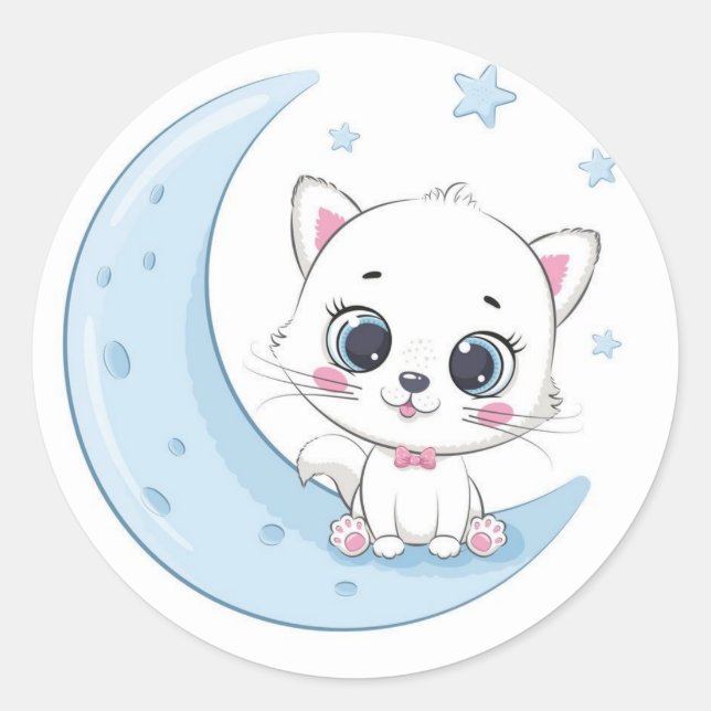 Sticker Rond Adorable Kitty au-dessus de la lune (Devant)