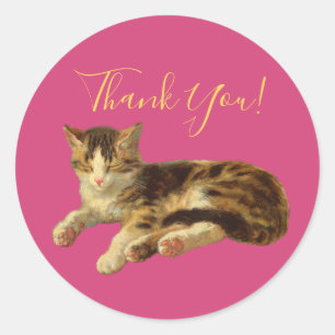 Sticker Rond Adorable Kitty Chat Merci Magenta Gold Script