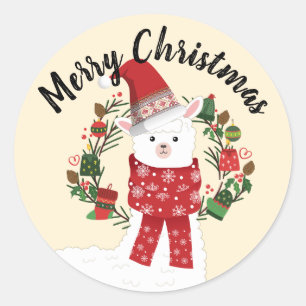 Sticker Rond Adorable Lama avec couronne de Noël