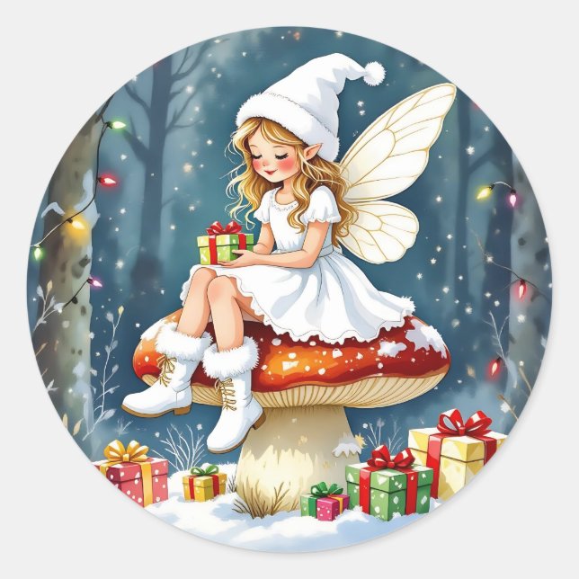 Sticker Rond Adorable Little Christmas Fairy on Mushroom (Devant)