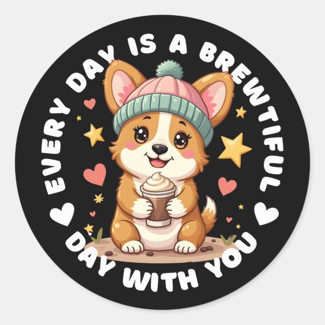 Sticker Rond Adorable Louveur de café Corgi (Devant)