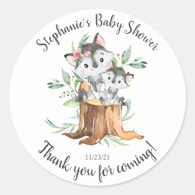 Sticker Rond Adorable maman et bébé loup Baby shower Favoriser (Devant)