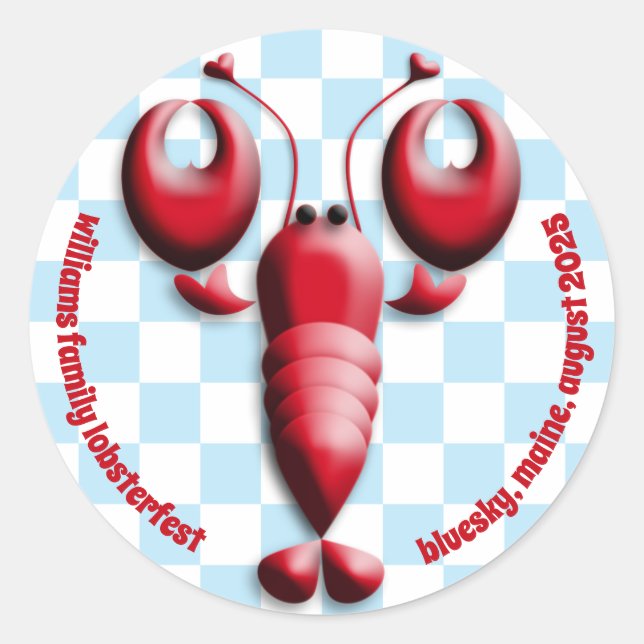 Sticker Rond Adorable Rouge Homard Coeur Pincers À damiers Bleu (Devant)