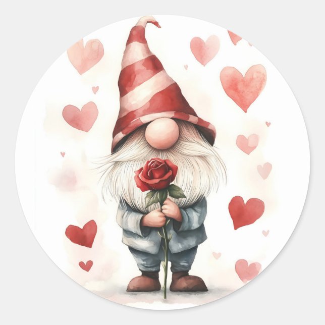 Sticker Rond Adorable Valentine's Gnome : avec un Rose (Devant)