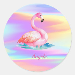 Sticker Rond Adorables Flamants Roses Cute Holographiques