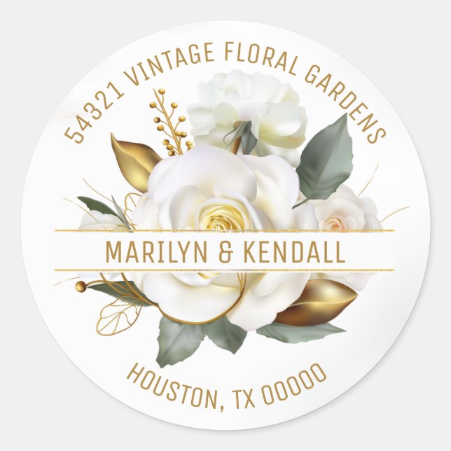 Sticker Rond Adresse de mariage florale en or rose (Devant)