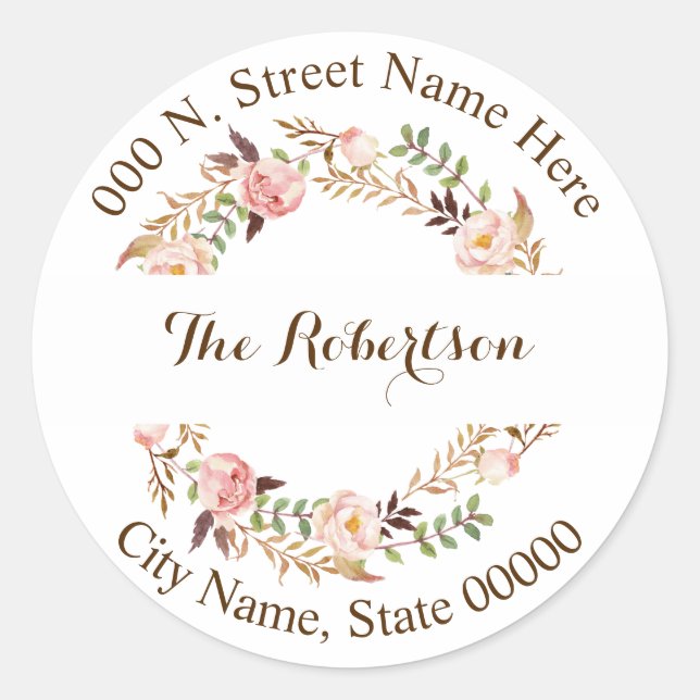 Sticker Rond Adresse de retour de fleurs roses (Devant)