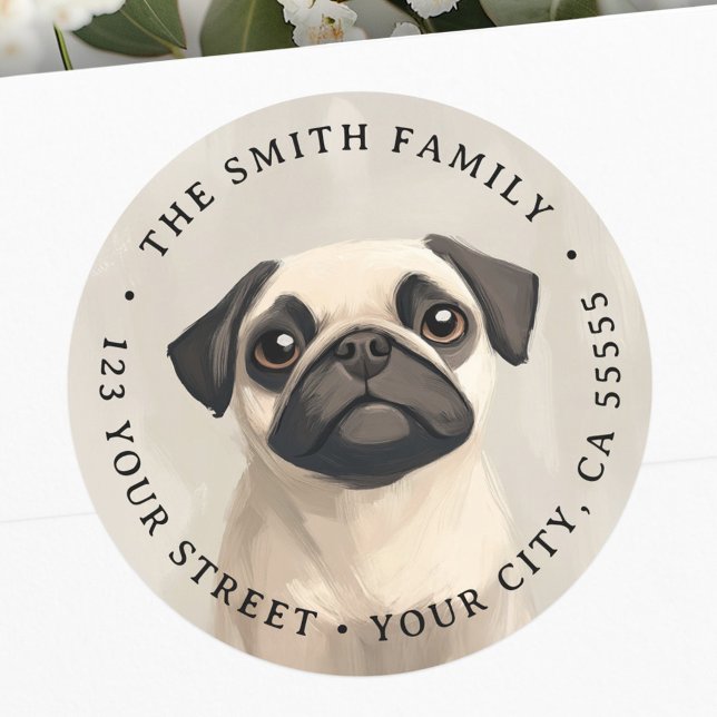 Sticker Rond Adresse de retour de l'illustration du carlin mign (Cute pug illustration return address classic round sticker)