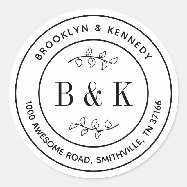 Sticker Rond Adresse de retour de mariage florale à monogramme  (Devant)