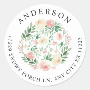 Sticker Rond Adresse de retour de verdure florale rose