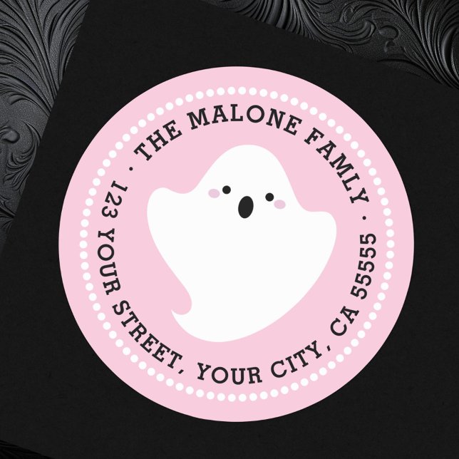 Sticker Rond Adresse de retour d'Halloween rose pâle (Cute ghost pink Halloween return address Classic Round Sticker)