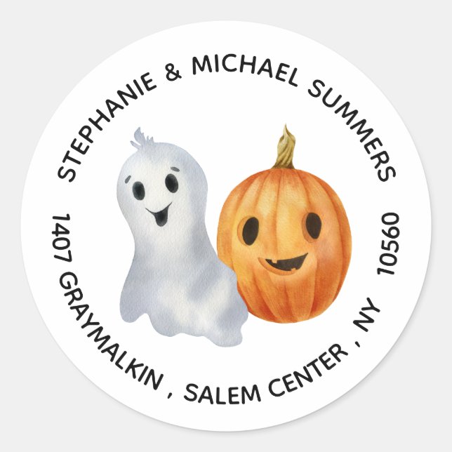 Sticker Rond Adresse de retour du Citrouille fantôme Halloween (Devant)