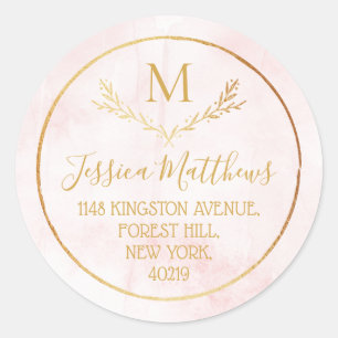 Sticker Rond Adresse de retour du monogramme de couronne rose e