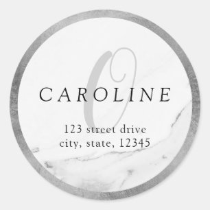 Sticker Rond Adresse de retour du monogramme en marbre argent F