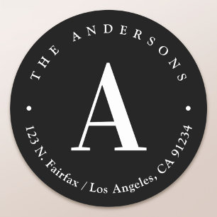 Sticker Rond Adresse de retour du Monogramme noir et blanc élég