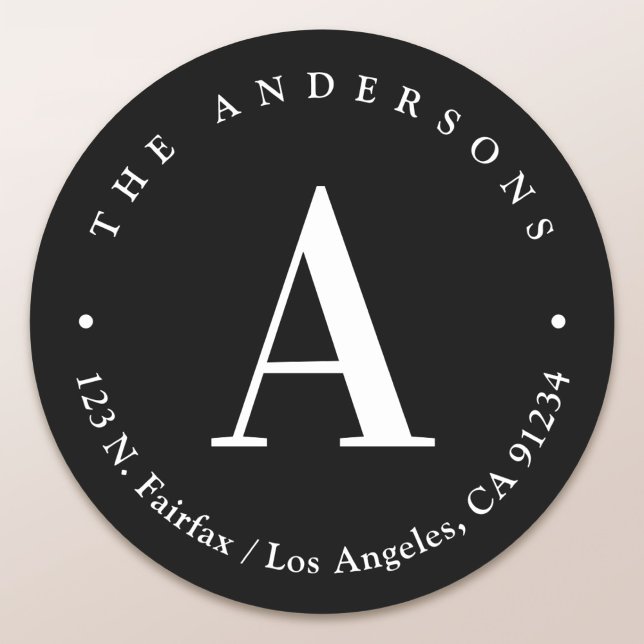 Sticker Rond Adresse de retour du Monogramme noir et blanc élég (Créateur téléchargé)