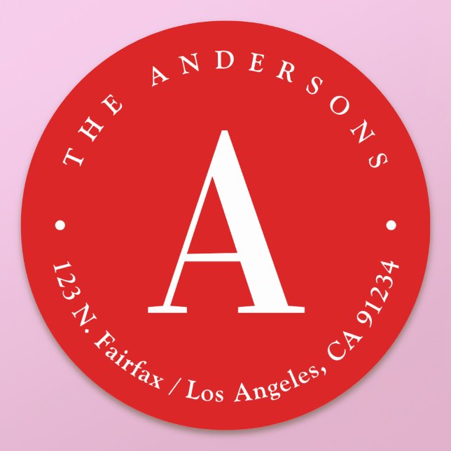 Sticker Rond Adresse de retour du monogramme rouge et blanc élé (Créateur téléchargé)
