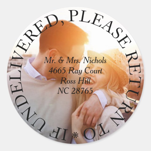 Sticker Rond Adresse de retour en gras de photo personnalisée (Devant)