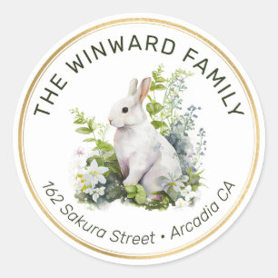 Sticker Rond Adresse de retour Fleurs de printemps et Lapin de