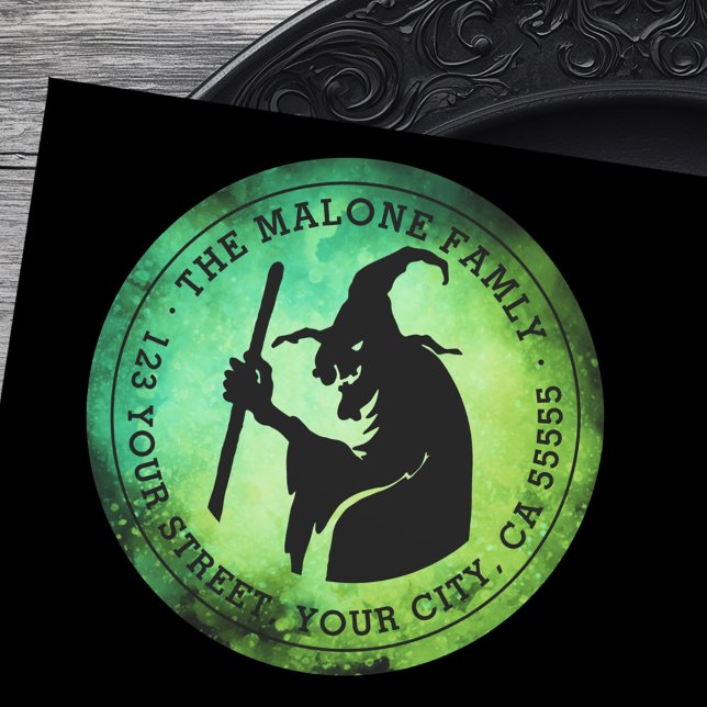 Sticker Rond Adresse de retour Halloween verte et noire de la s (Witch green and black Halloween return address Classic Round Sticker)