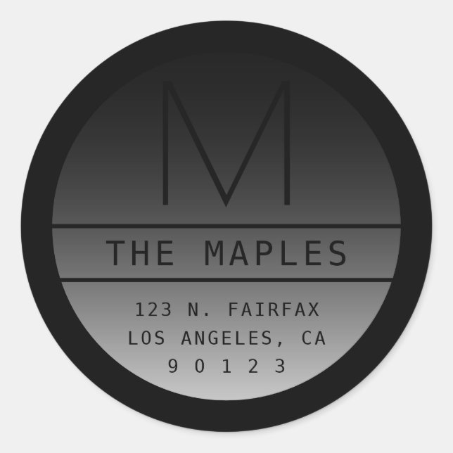 Sticker Rond Adresse de retour moderne et monogramme | Noir dég (Devant)