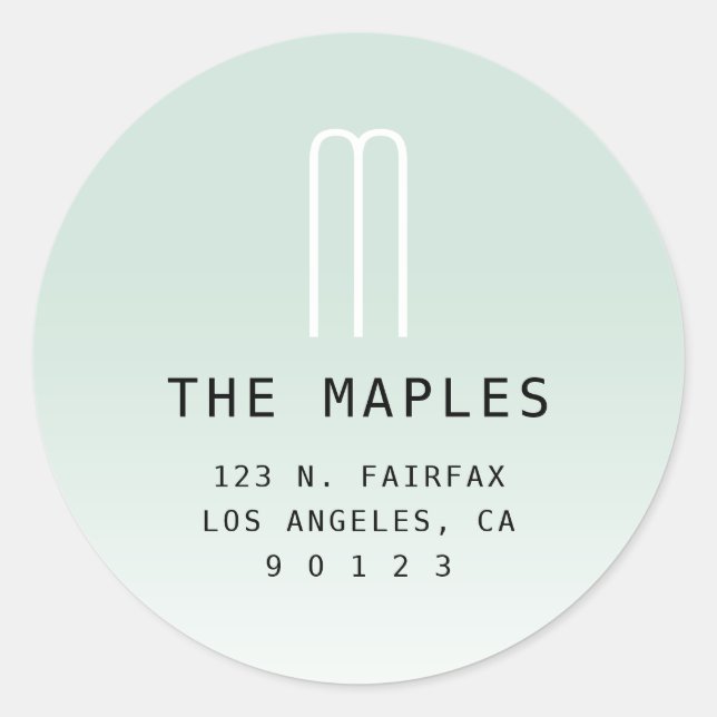 Sticker Rond Adresse de retour moderne et monogramme | Vert cla (Devant)