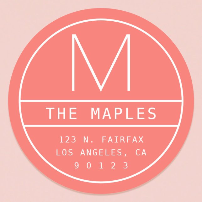 Sticker Rond Adresse de Retour Moderne & Monogramme | Corail Vi (Créateur téléchargé)