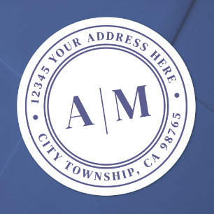 Sticker Rond Adresse de Retour Monogramme Bleu Marine